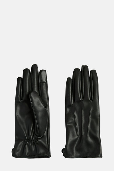 Zwarte leren handschoenen van PIECES®, met touchscreen-details op de vingers en geplooide manchetten.