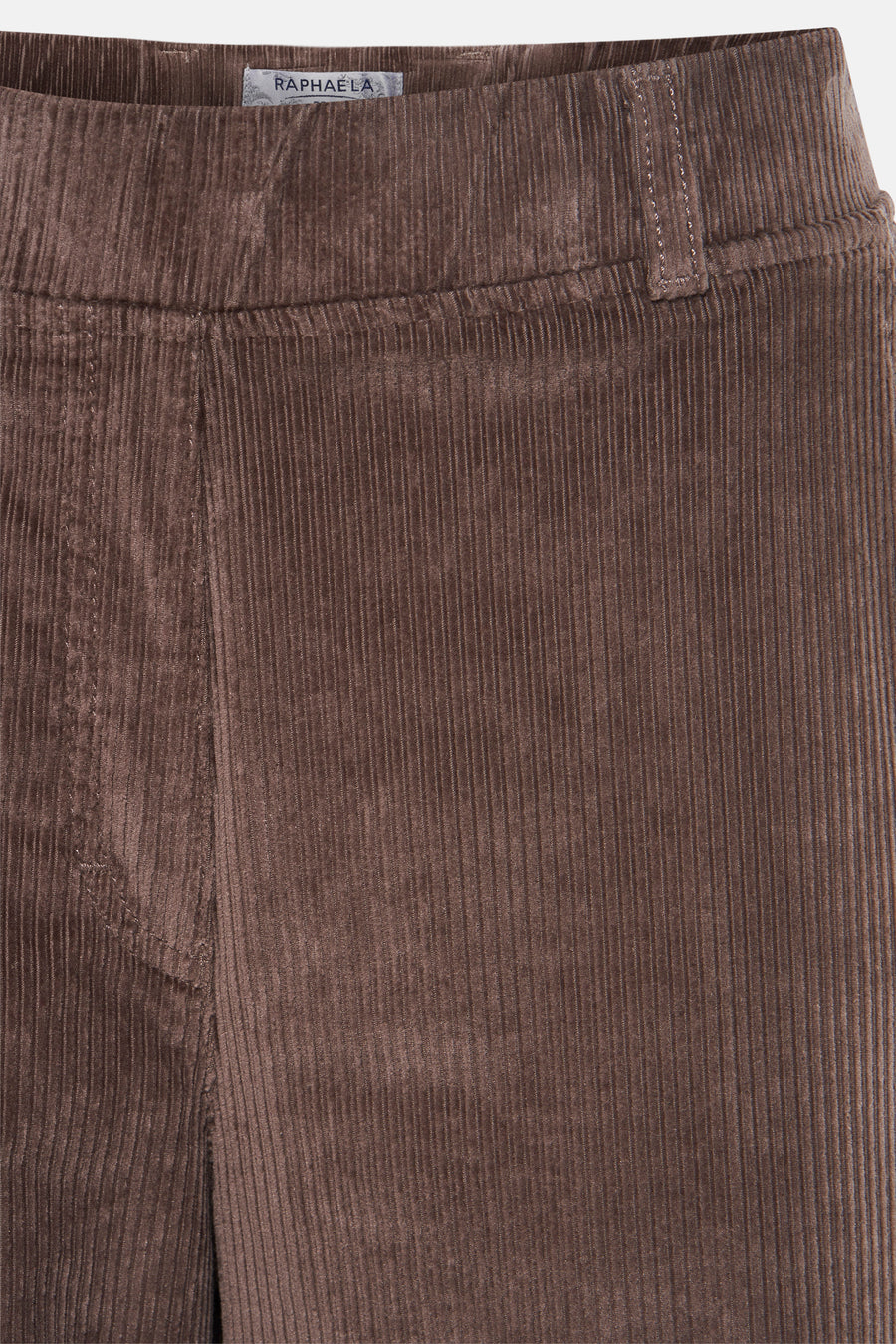 Taupe wijde broek van RAPHAELA van corduroy, met een zichtbare tailleband en gulp.