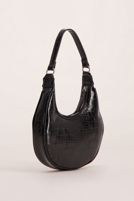 Black croc-embossed shoulder bag with curved silhouette and silver-tone hardware, front view