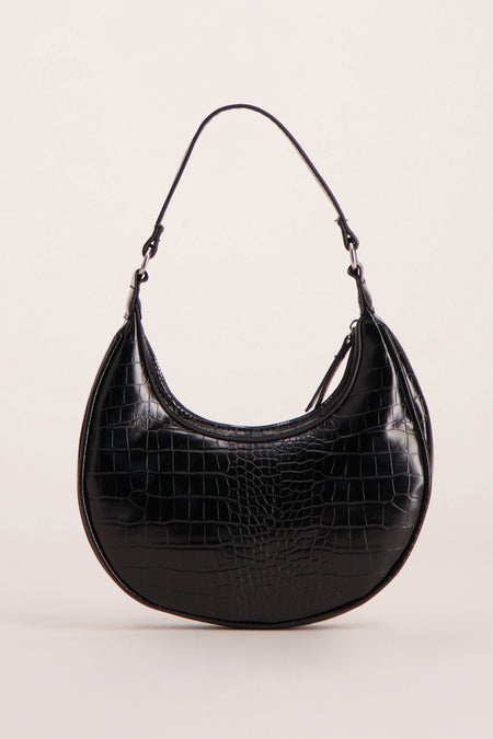 Black croc-embossed shoulder bag with curved silhouette and adjustable strap, front view