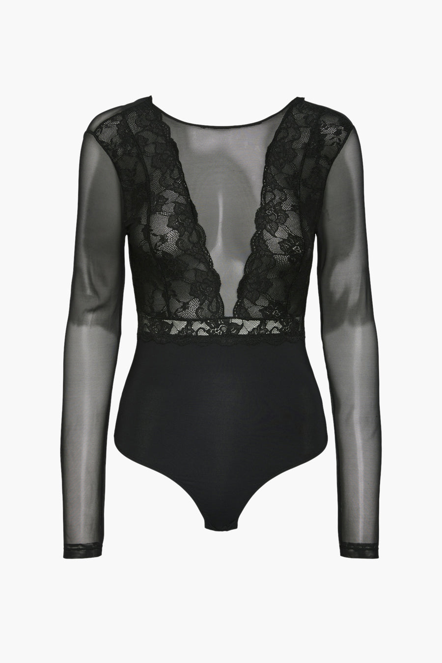 Body noir en dentelle by PIECES®, avec manches longues transparentes en tulle et encolure en V.
