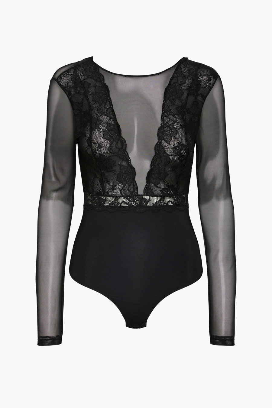 Body noir de PIECES®, avec manches longues en tulle transparent et détails en dentelle florale.
