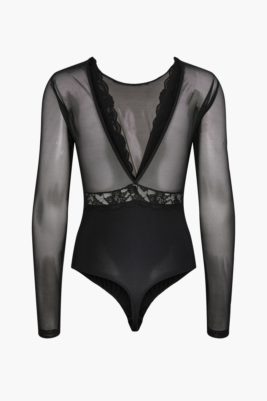 Body noir en maille, de PIECES®, avec dentelle ornementale à l'avant et manches longues transparentes.