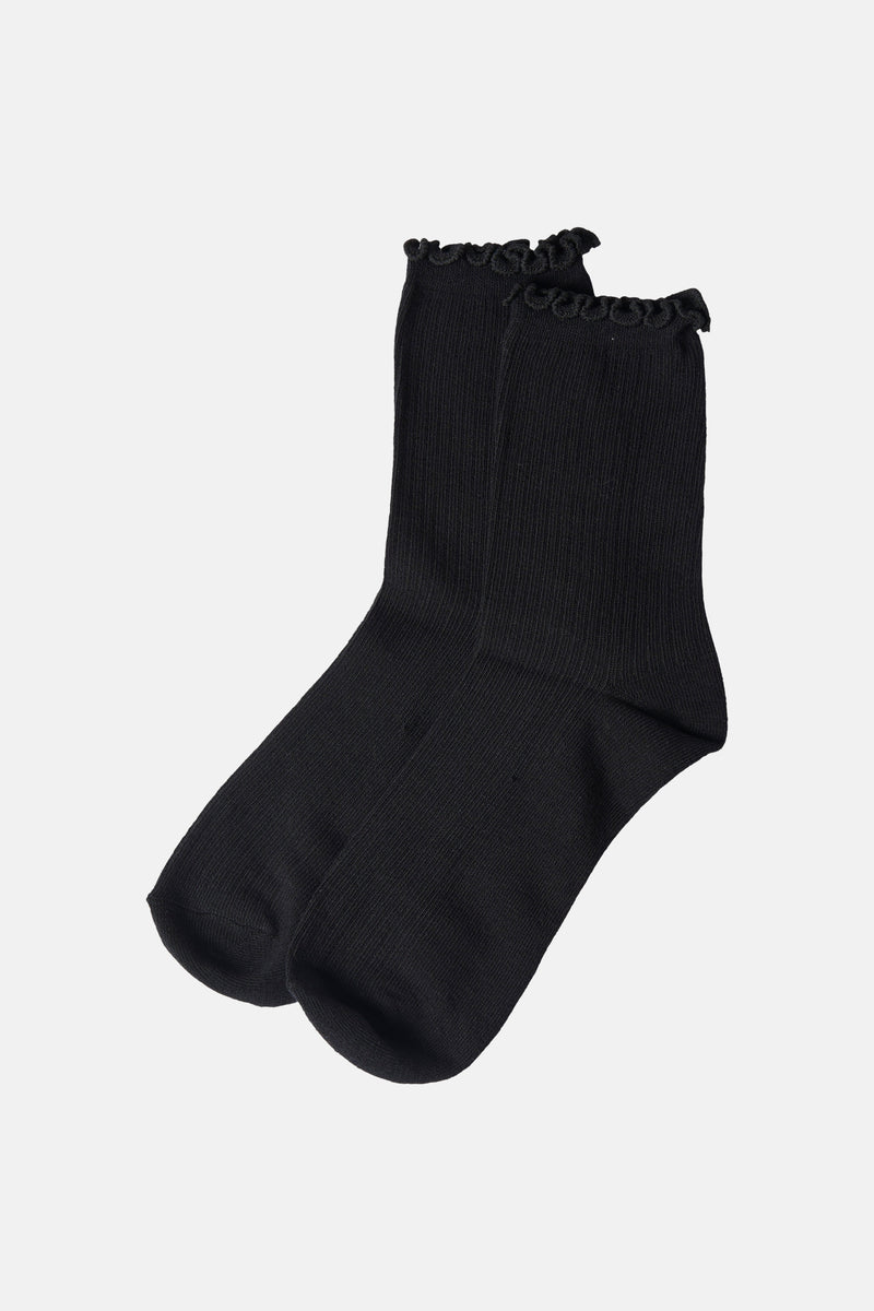 Black ribbed ankle socks with ruffled cuff, displayed front view on white background