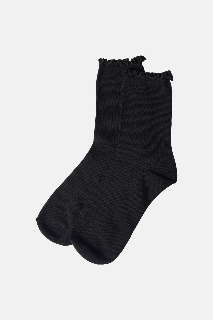Black ribbed ankle socks with ruffled cuff, displayed front view on white background
