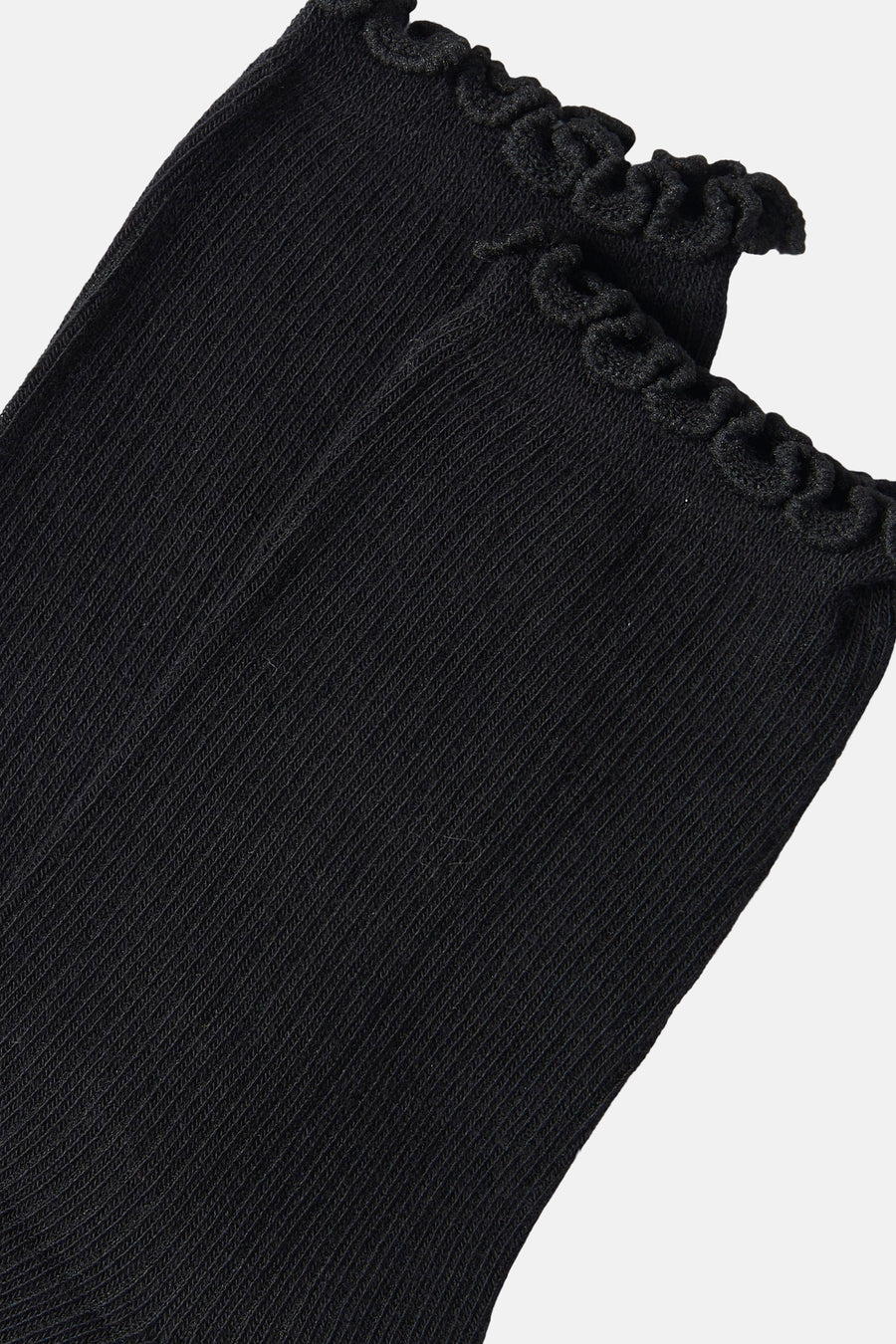 Black ribbed socks with scalloped ruffle trim, close-up side view