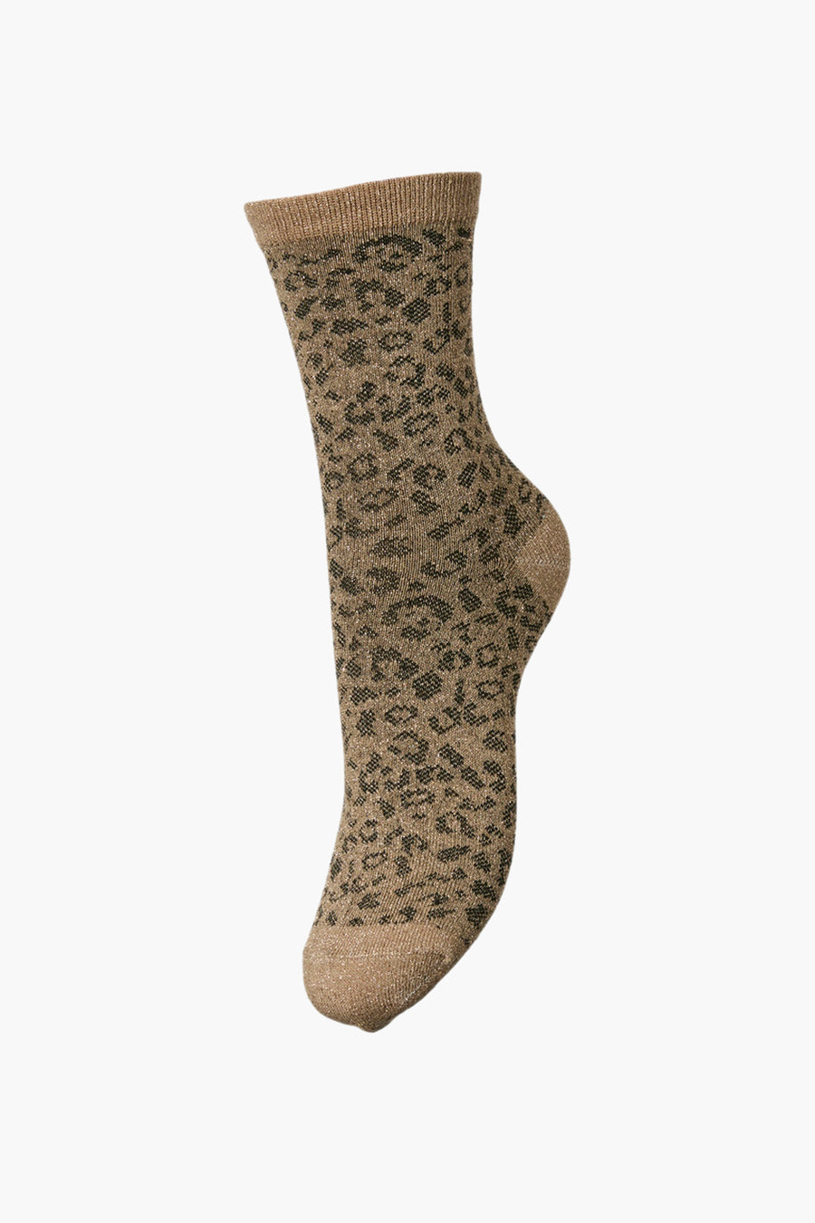 Bruine sok met luipaardprint van PIECES®, in fijne, getextureerde stof, van opzij gezien.