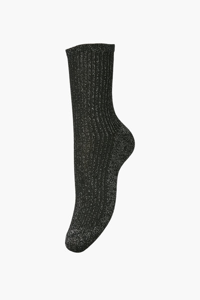 Chaussettes noires à côtes avec fil brillant de PIECES®, texture scintillante.