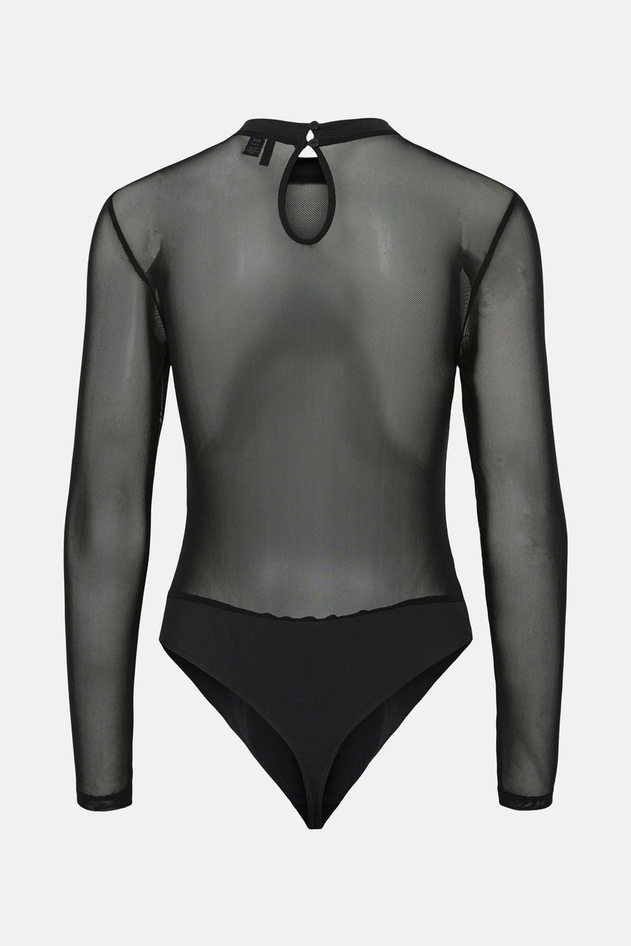 Body noir en mesh de PIECES®, avec manches longues et une découpe goutte d'eau au dos.

