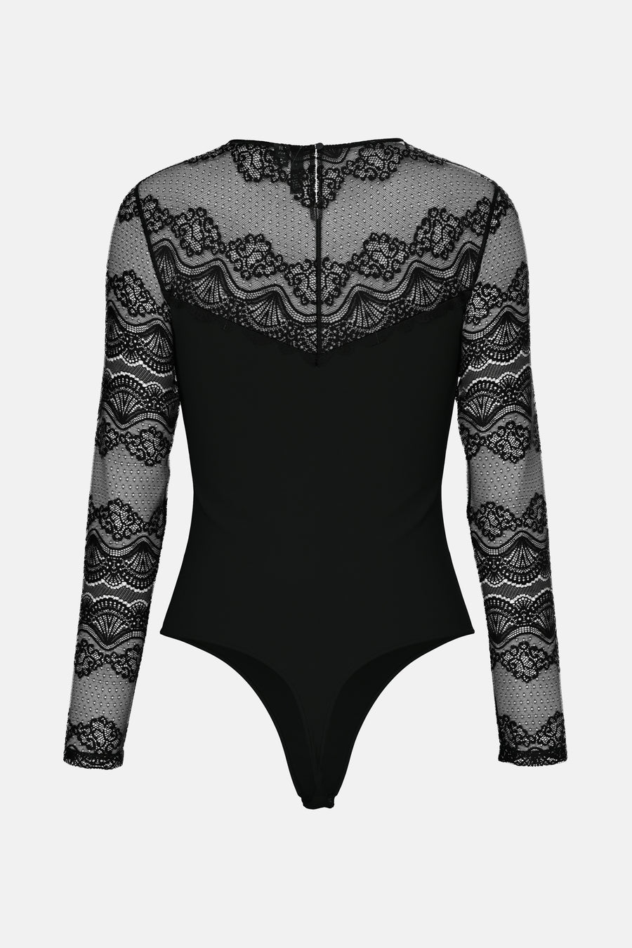 Body noir by PIECES® avec dentelle florale aux manches et au décolleté, vue de dos.
