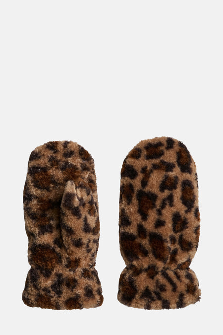Mouffles en fausse fourrure marron par PIECES® avec imprimé léopard.