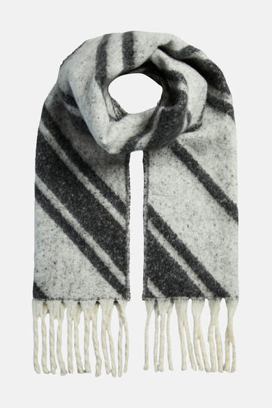 Écharpe rayée grise par PIECES®, à franges décoratives ivoire.