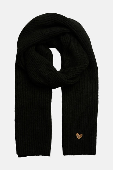 Écharpe noire en maille côtelée de PIECES®, ornée d'un motif cœur doré brodé.
