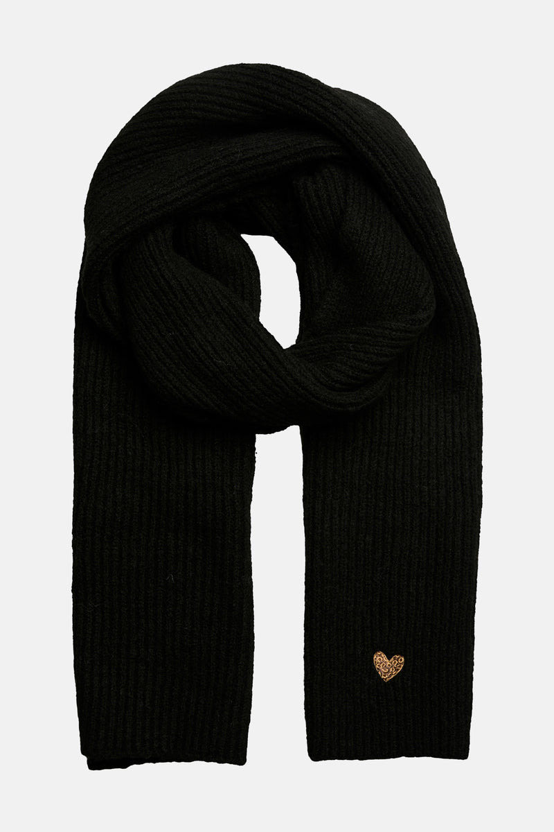 Écharpe noire en maille côtelée de PIECES®, ornée d'un motif cœur doré brodé.

