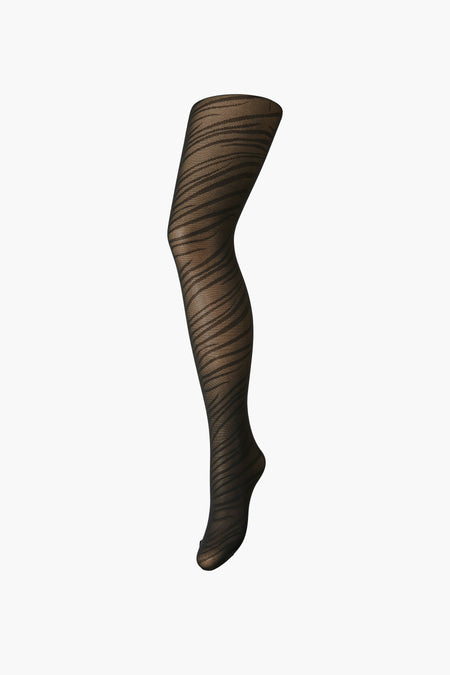 Zwarte panty's van PIECES®, zebraprint, in transparante stof, beenmodel op witte achtergrond.