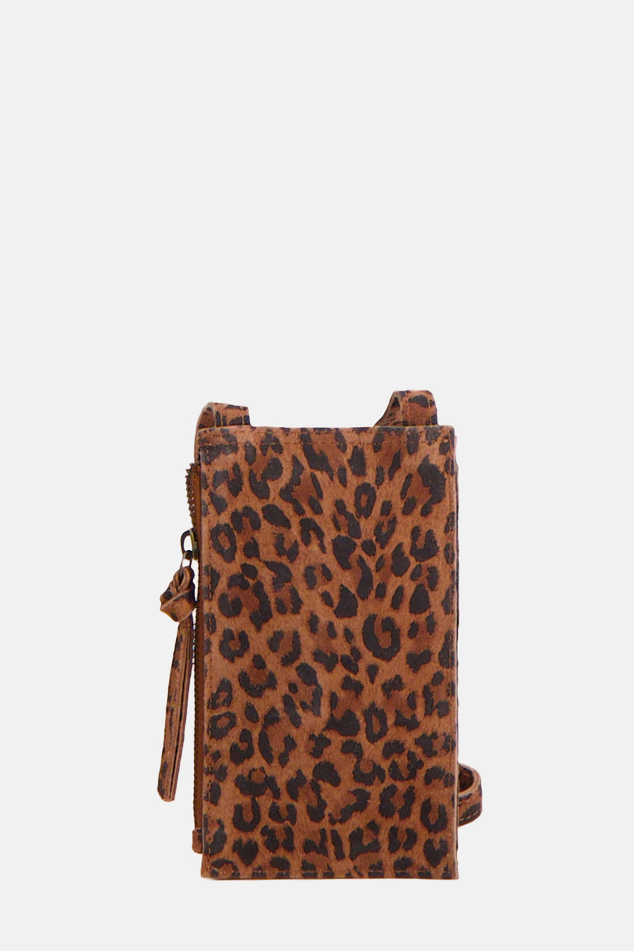 Bruine schoudertas van PIECES® met luipaardprint en ritssluitingdetails.
