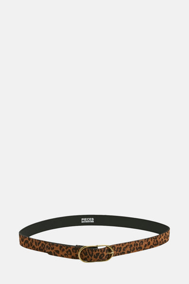 Bruine luipaardprint riem van PIECES met gouden ovale gesp.