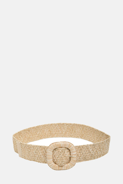 Ecru geweven riem van Pieces, met vierkante ton-sur-ton gesp en gouden details.