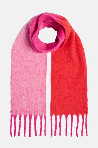 Multikleuren wollen sjaal van PIECES® met roze en rode franjes.