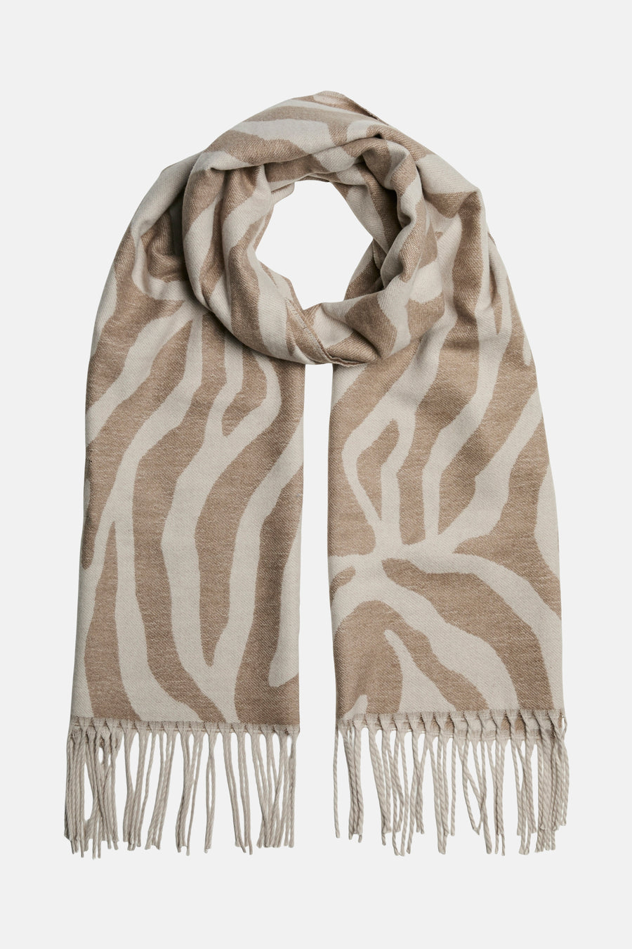 Écharpe beige à motif zébré de PIECES®, avec des franges décoratives.
