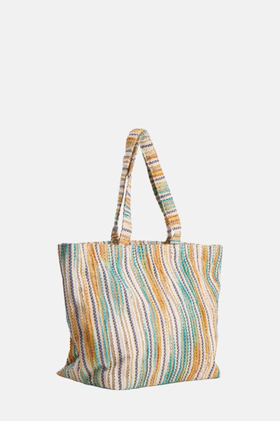 Multikleuren handtas van PIECES® met geweven strepen en bijpassende hengsels.