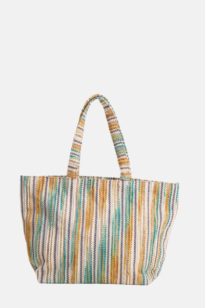 Multikleuren handtas van PIECES®, gevarieerde verticale strepen en bijpassende hengsels.