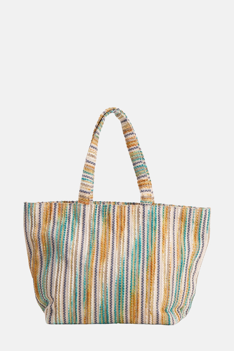 Multikleuren handtas van PIECES®, met streepdessin en handvatten van textiel.