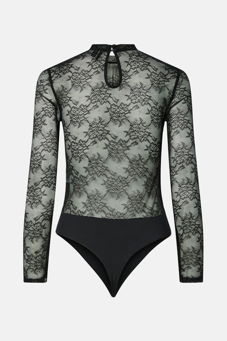 Body noir en dentelle par PIECES®, avec manches longues et découpe goutte d'eau au dos.
