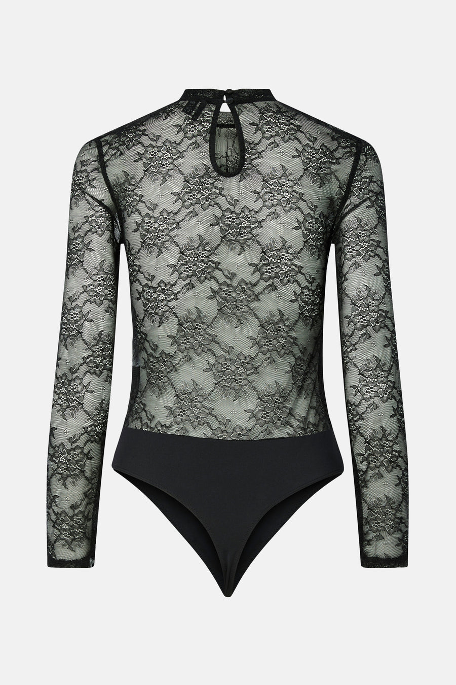 Body noir en dentelle par PIECES®, avec manches longues et découpe goutte d'eau au dos.
