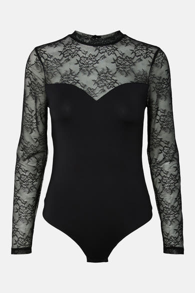Body noir PIECES® à manches longues en dentelle fleurie avec empiècement en tulle transparent.