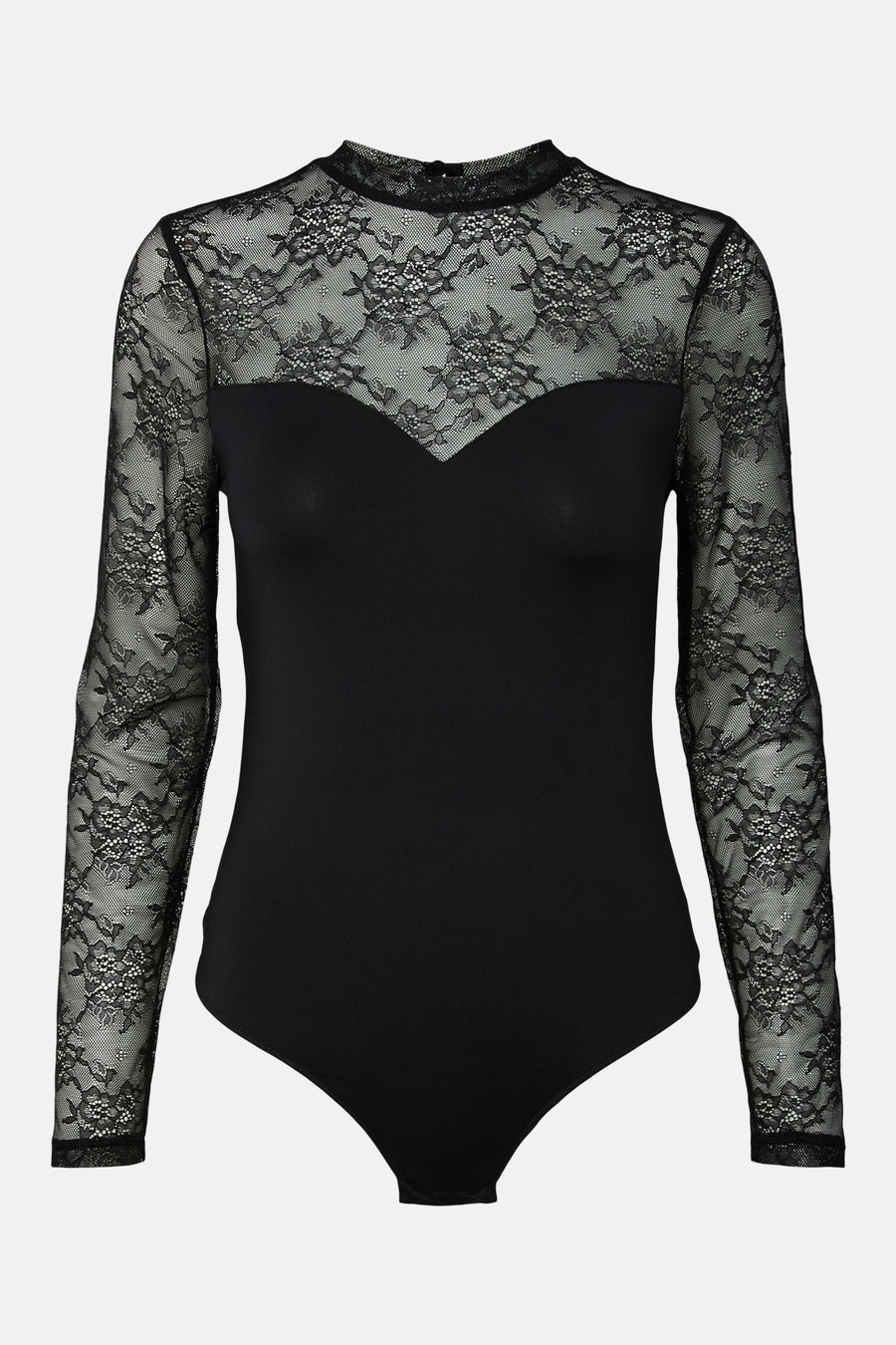 Body noir PIECES® à manches longues en dentelle fleurie avec empiècement en tulle transparent.