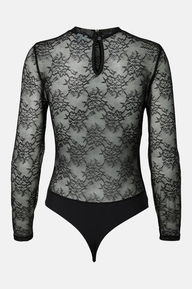 Body noir PIECES® à manches longues, en dentelle fleurie avec col boutonné.