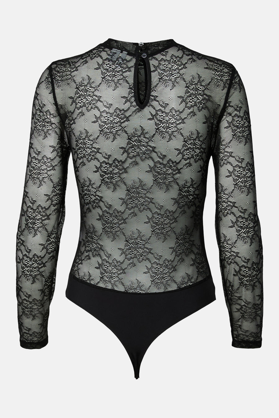 Body noir PIECES® à manches longues, en dentelle fleurie avec col boutonné.