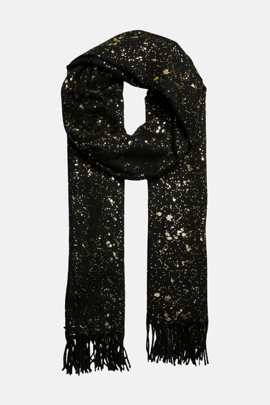 Foulard noir à franges par PIECES®, avec un motif moucheté doré réparti sur toute la surface.