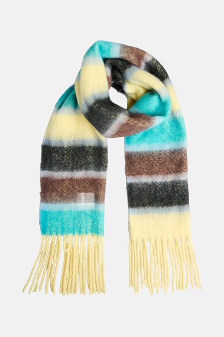 Multikleurige sjaal van PIECES® met horizontale strepen in geel, blauw, bruin en zwart, en gele franjes.