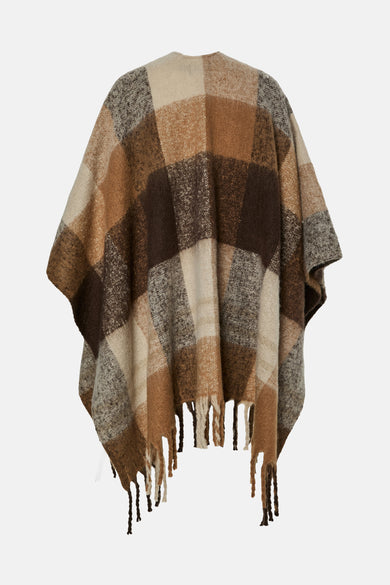 Poncho à carreaux marron de PIECES® avec des franges décoratives en bas.
