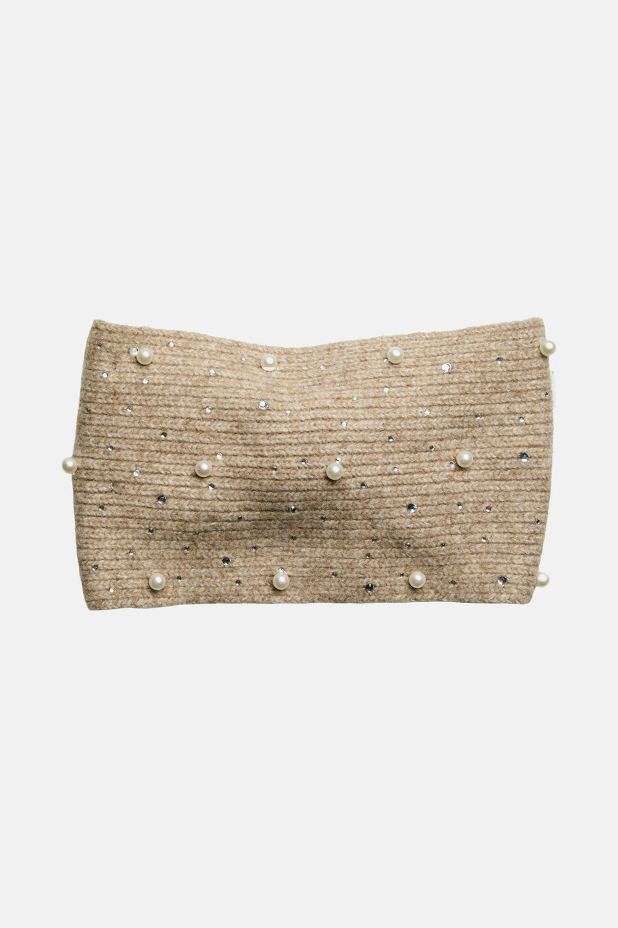 Chauffe-oreille beige de PIECES® en tricot avec perles et strass décoratifs.