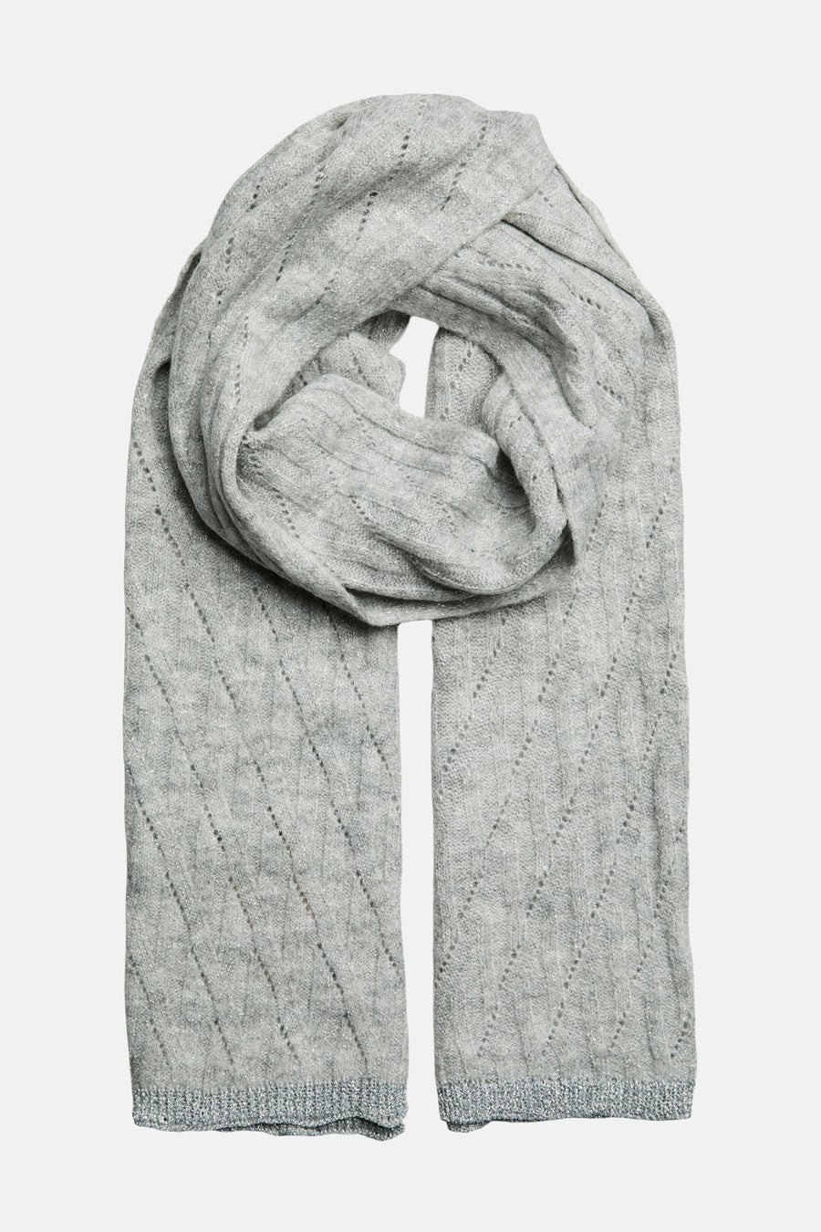 Écharpe grise en tricot de PIECES®, motif ajouré en losange, texture douce et bords côtelés.
