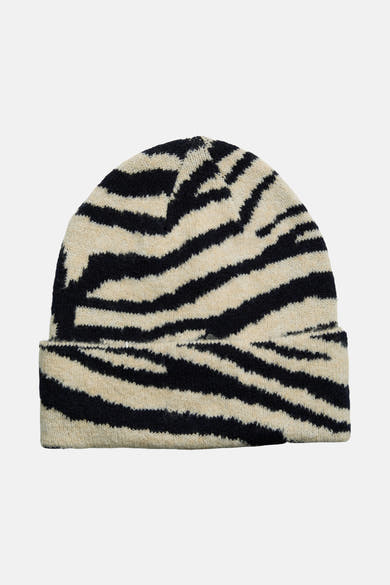 Bonnet tricoté multicolore de PIECES® à rayures noires et beiges.