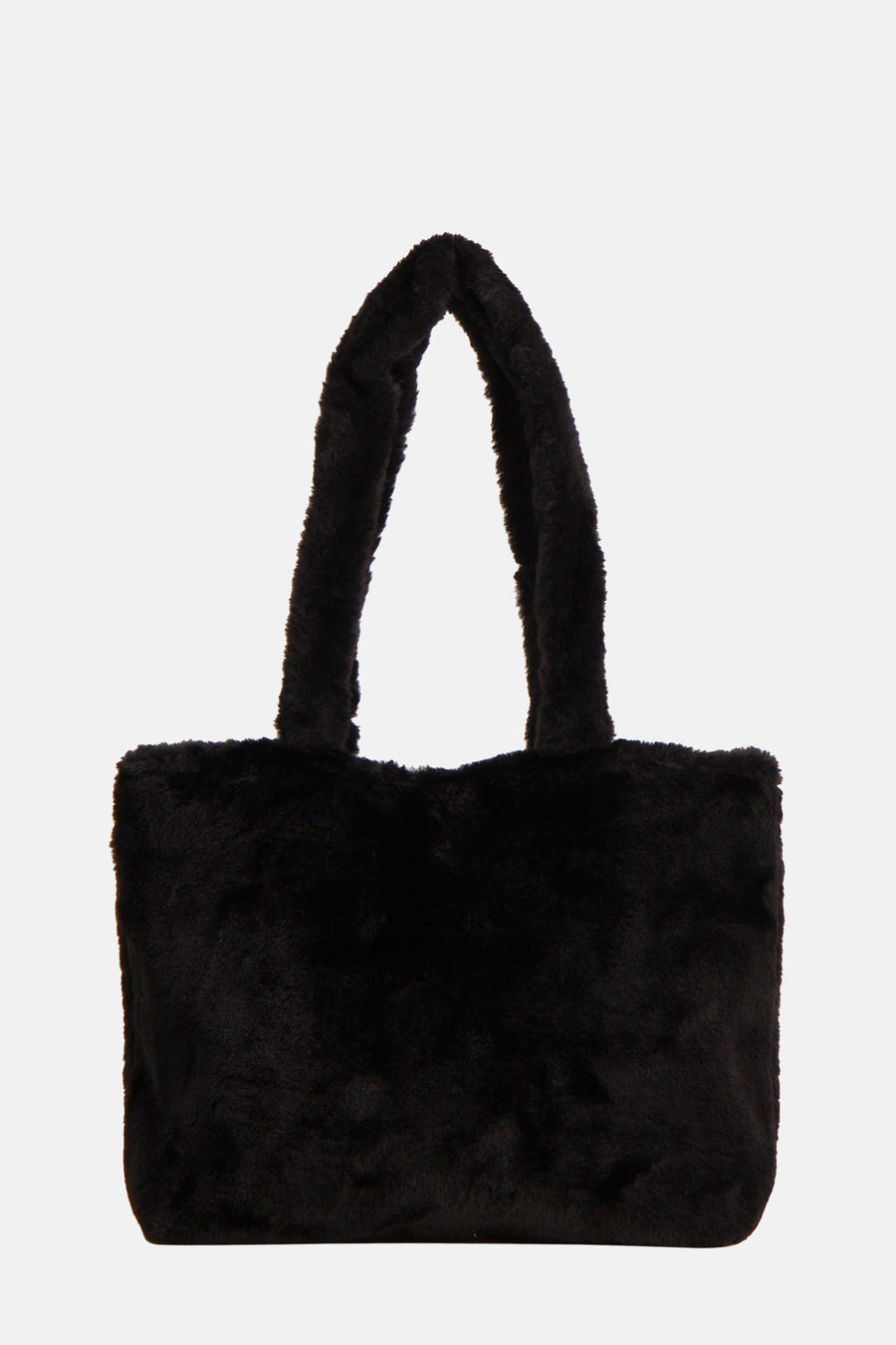Sac à bandoulière noir en fausse fourrure de PIECES®, avec anses courtes du même tissu.