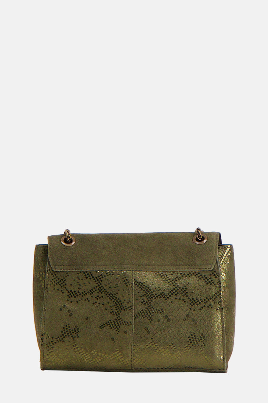 Groene schoudertas van PIECES® met slangenprint en gouden kettingdetails.
