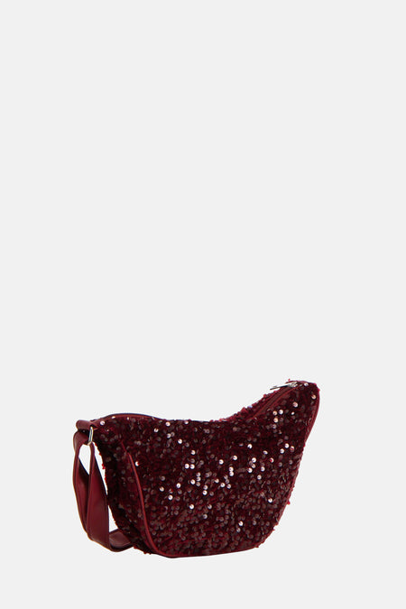 Bordeaux fluwelen schoudertas met pailletten van PIECES® met een bijpassende schouderriem.