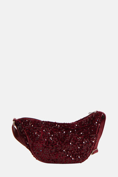 Bordeaux schoudertas van PIECES® in fluweel met pailletten.