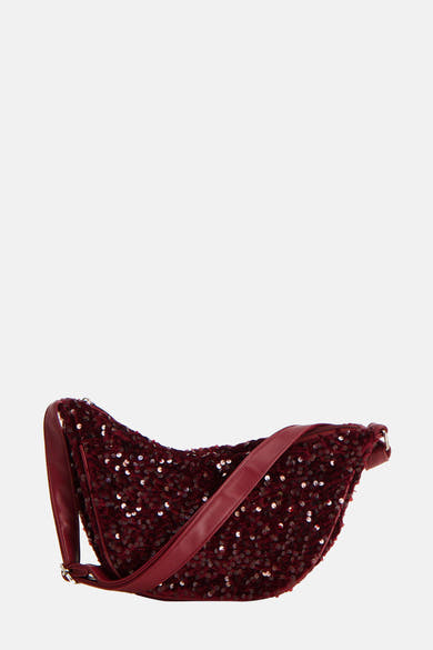 Bordeaux glitter schoudertas van PIECES®, met effen schouderriem in dezelfde kleur.