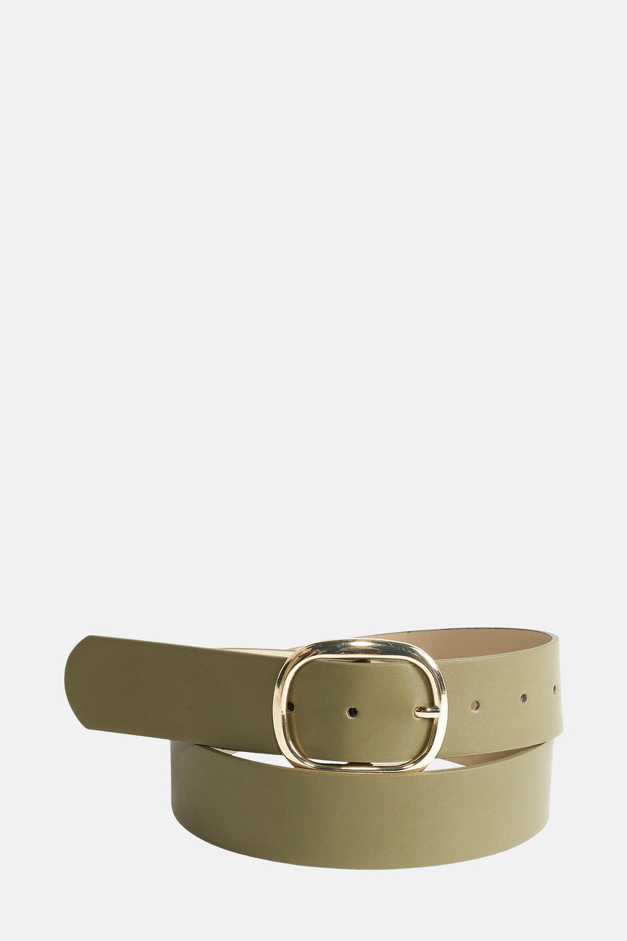 Groene riem van imitatieleer van Pieces, met gouden gesp en regelmatige perforaties.