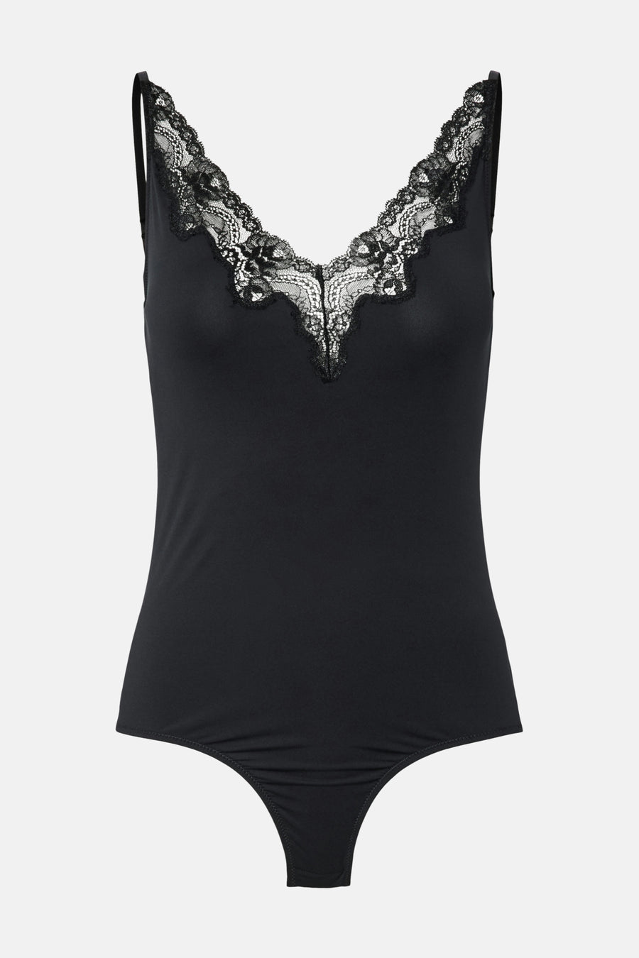 Body noir de PIECES®, avec bordure en dentelle délicate à l'encolure en V, coupe ajustée.