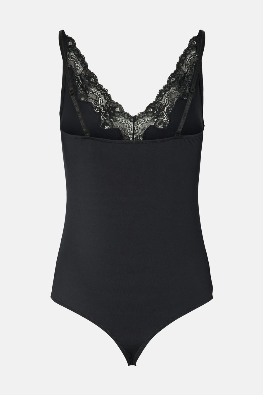 Body noir by PIECES®, avec encolure en dentelle florale, bretelles fines et fermeture à bouton-pression invisible.
