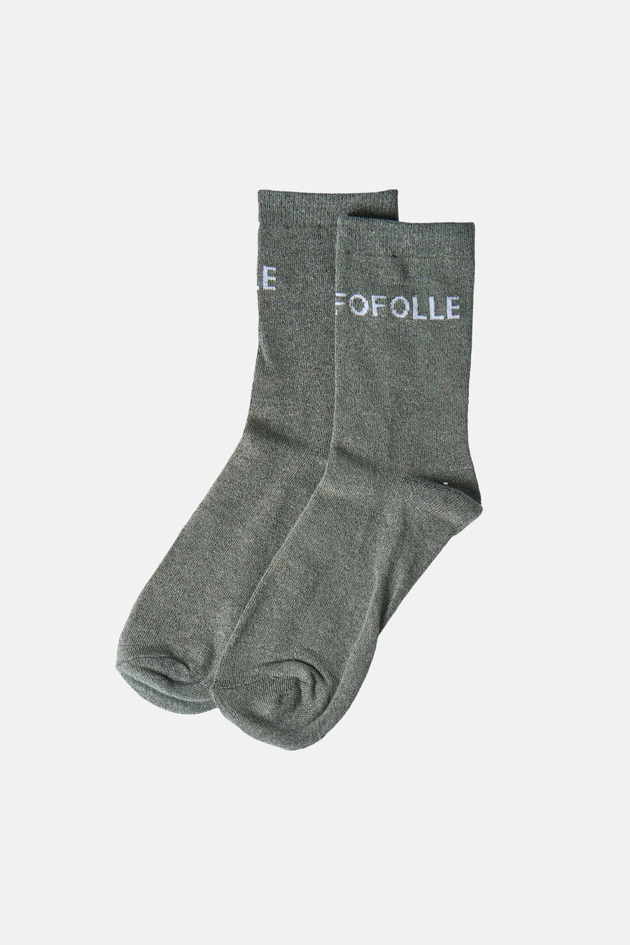Dark green heathered ankle socks by FOFOLLE with white logo text on cuff, side view