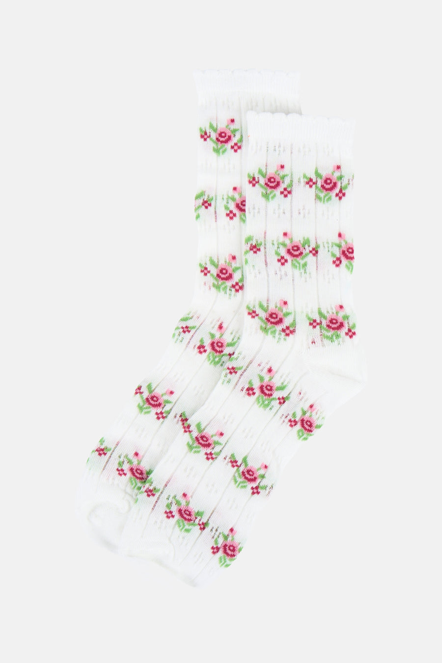 Witte fijngebreide sokken van PIECES® met een roze en groen bloemenpatroon.