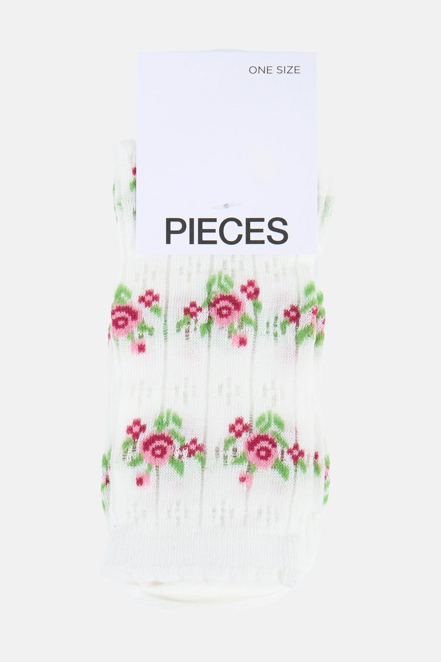 Chaussettes blanches en maille fine de PIECES® avec un motif floral rose et vert.